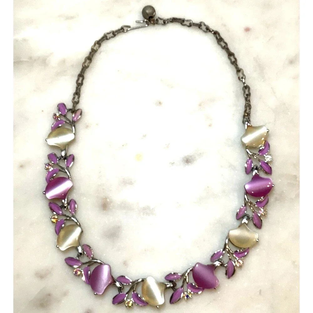 Vintage Necklace Purple Moonglow Thermoset Plastic AB Crystal Choker Collar